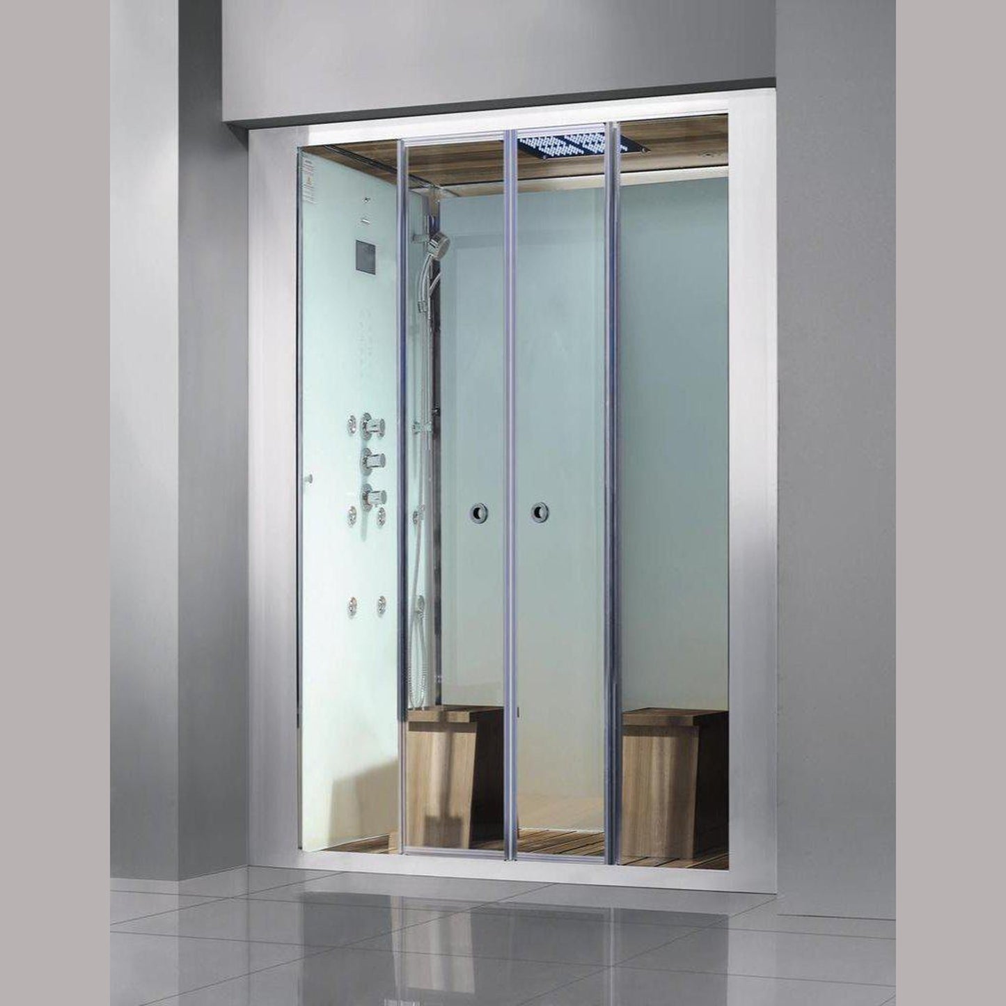 Athena 59" x 36" x 87" Two Person Framed White Colored Rectangle Steam Shower With Sliding Doors 12 Massage Jets & LED Chromatherapy Lighting