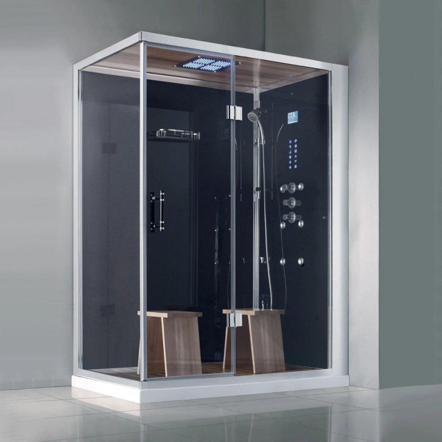 Athena 59" x 36" x 89" Two Person Framed Rectangle Right Handed Black Colored Steam Shower With Hinged Door & 12 Massage Jets