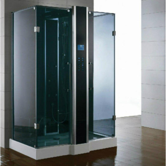 Athena 59" x 36" x 89" Two Person Rectangle Blue Glass Steam Shower With Dual With Hinged Doors 12 Massage Jets & LED Chromatherapy Lighting
