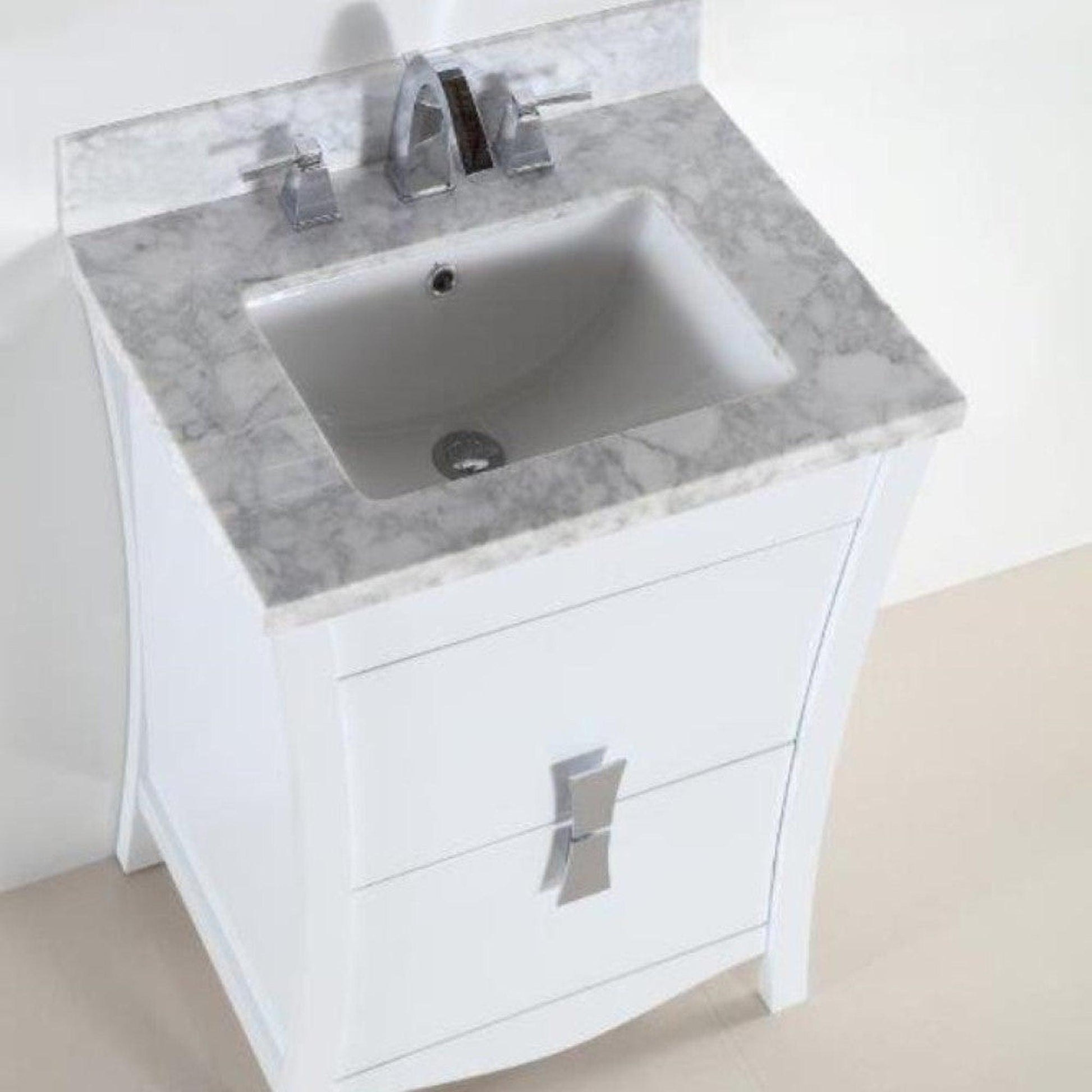 Bellaterra Home 24" 2-Drawer White Freestanding Vanity Set With Ceramic Undermount Rectangular Sink and White Carrara Marble Top