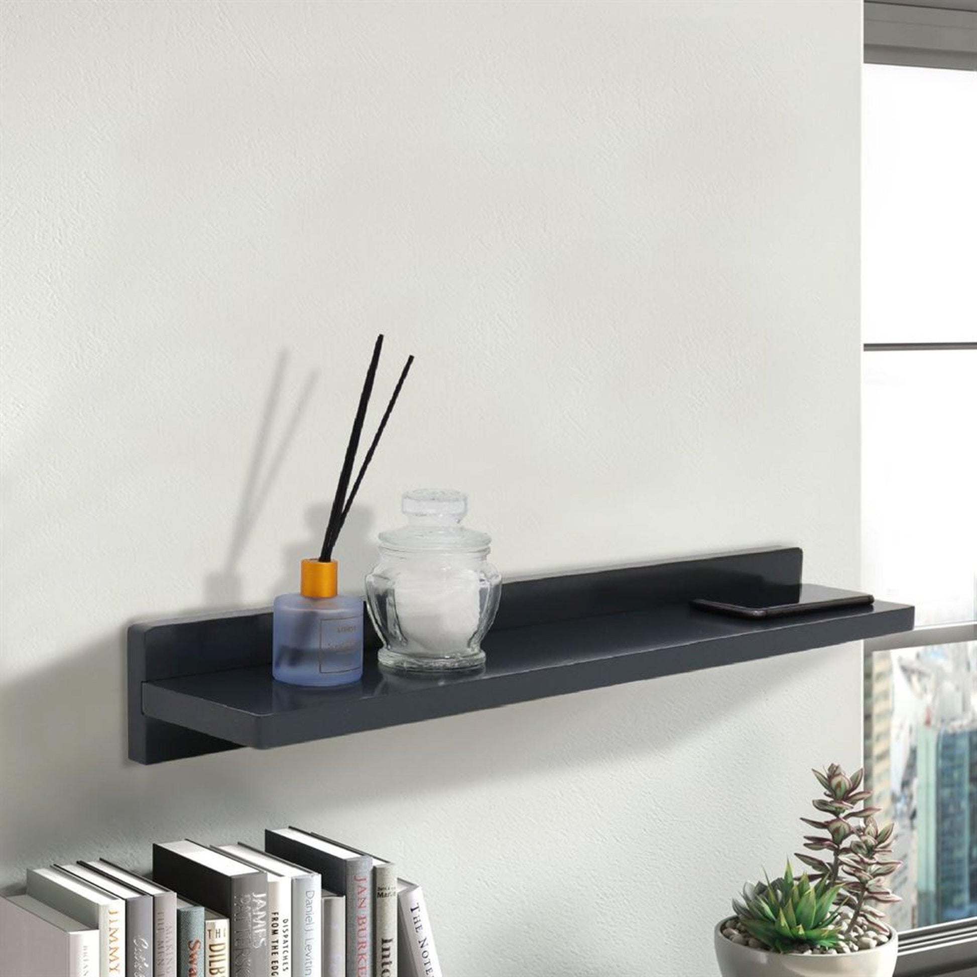 Bellaterra Home 24" Dark Gray Rectangle Wall-Mounted Solid Rubber Wood Wall Shelf With 15W/3A Wireless Charging