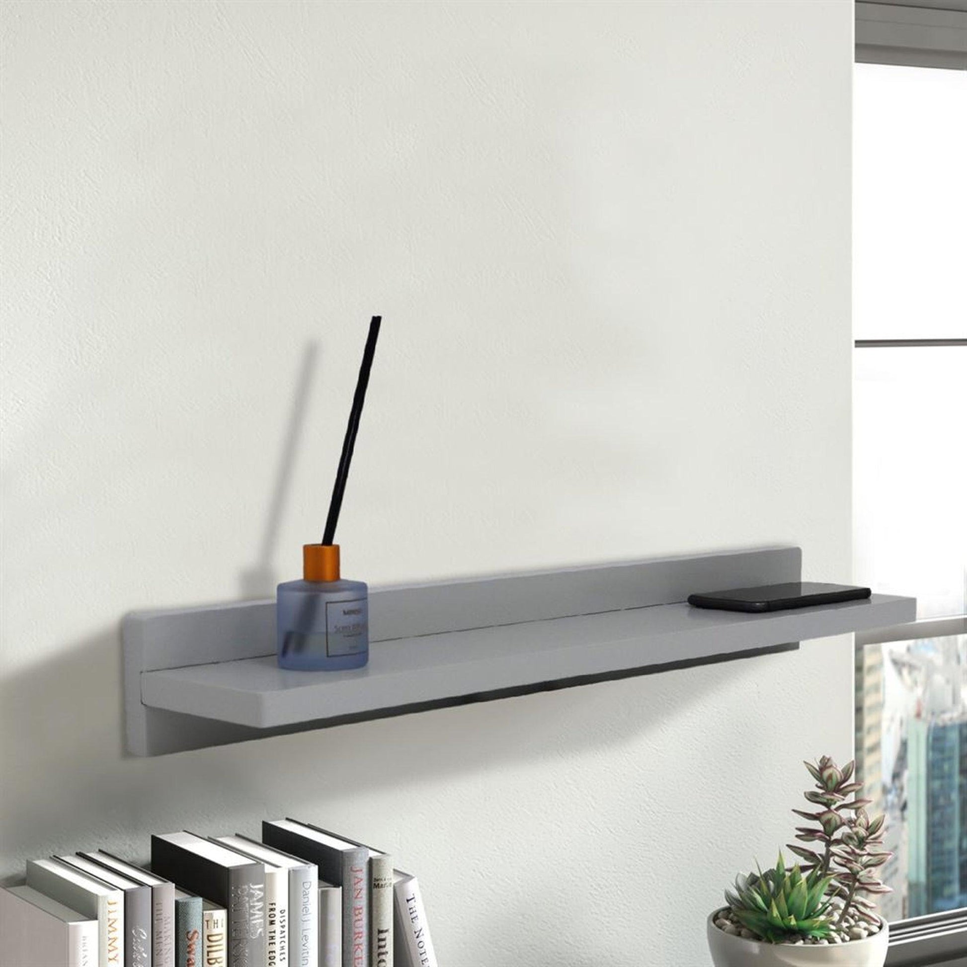 Bellaterra Home 24" Light Gray Rectangle Wall-Mounted Solid Rubber Wood Wall Shelf With 15W/3A Wireless Charging
