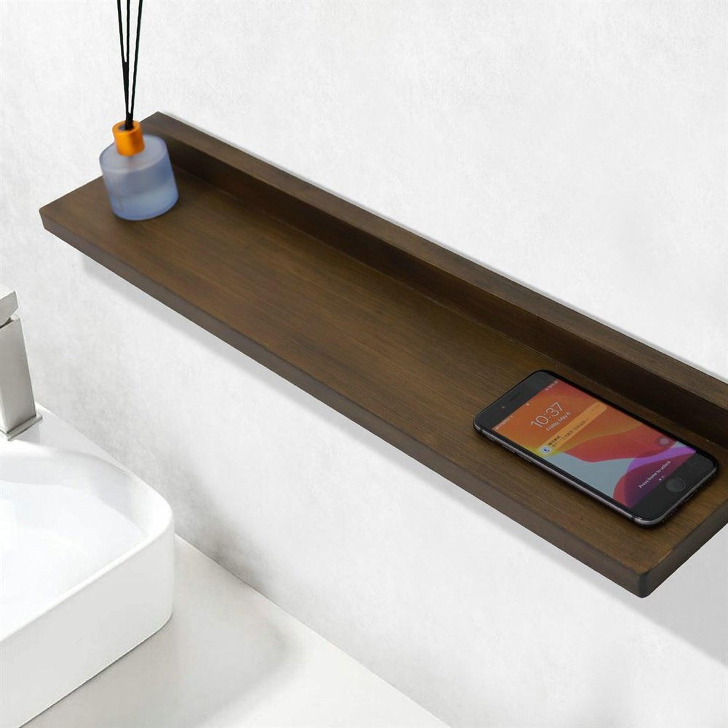 Bellaterra Home 24" Rustic Wood Rectangle Wall-Mounted Solid Rubber Wood Wall Shelf With 15W/3A Wireless Charging
