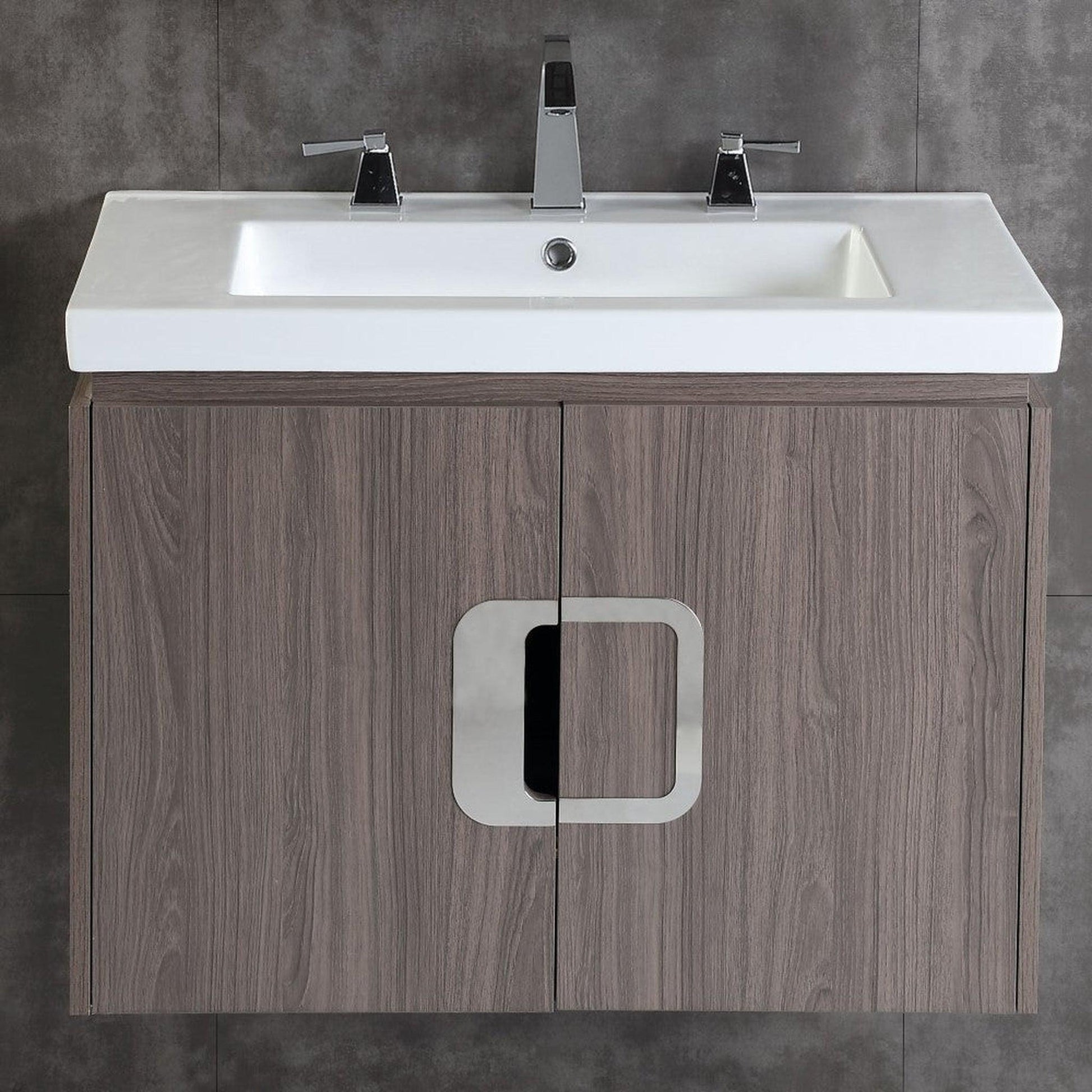 Bellaterra Home 30" 2-Door Gray Brownish Oak Wall Mount Vanity Set With Ceramic Integrated Sink and Top