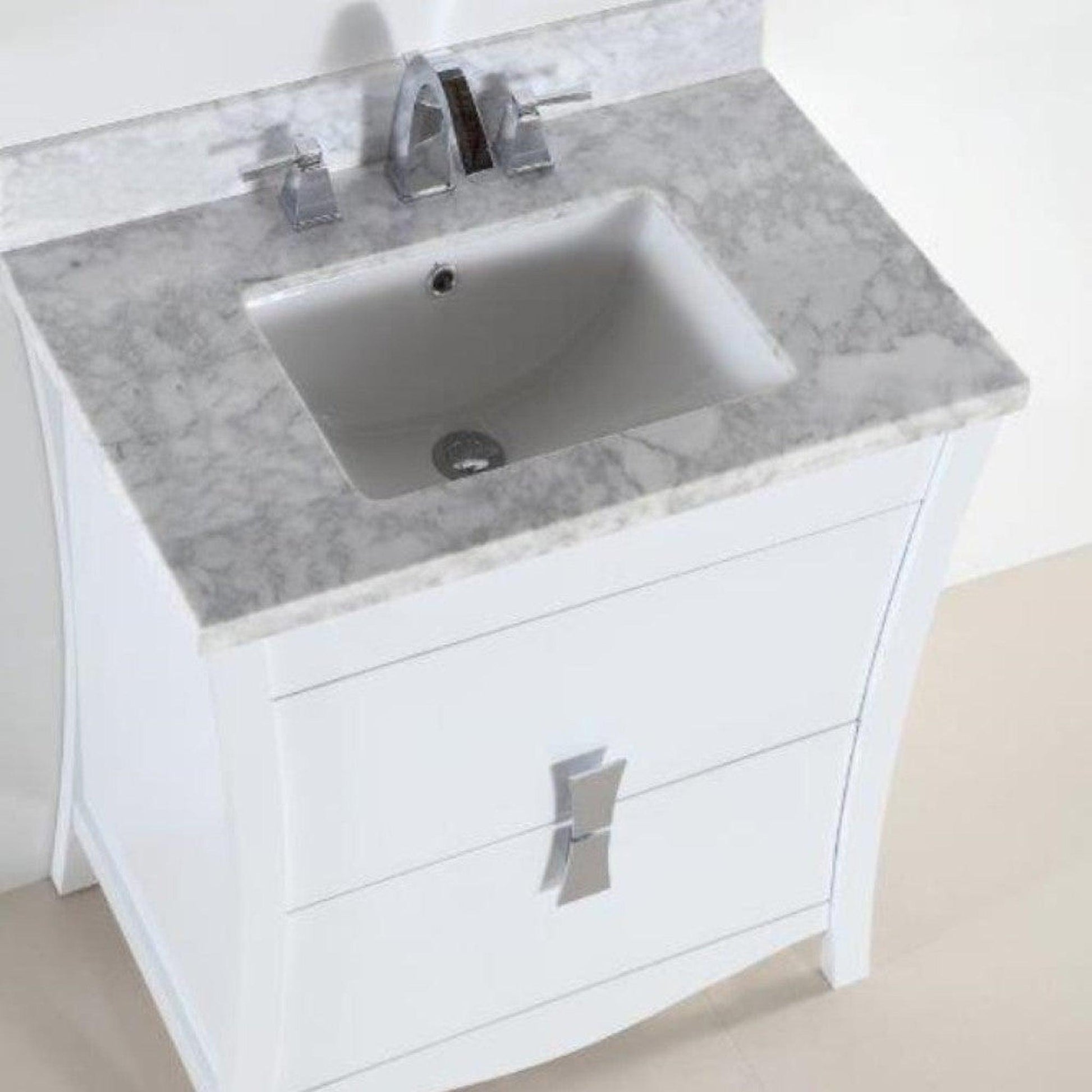 Bellaterra Home 30" 2-Drawer White Freestanding Vanity Set With Ceramic Undermount Rectangular Sink and White Carrara Marble Top