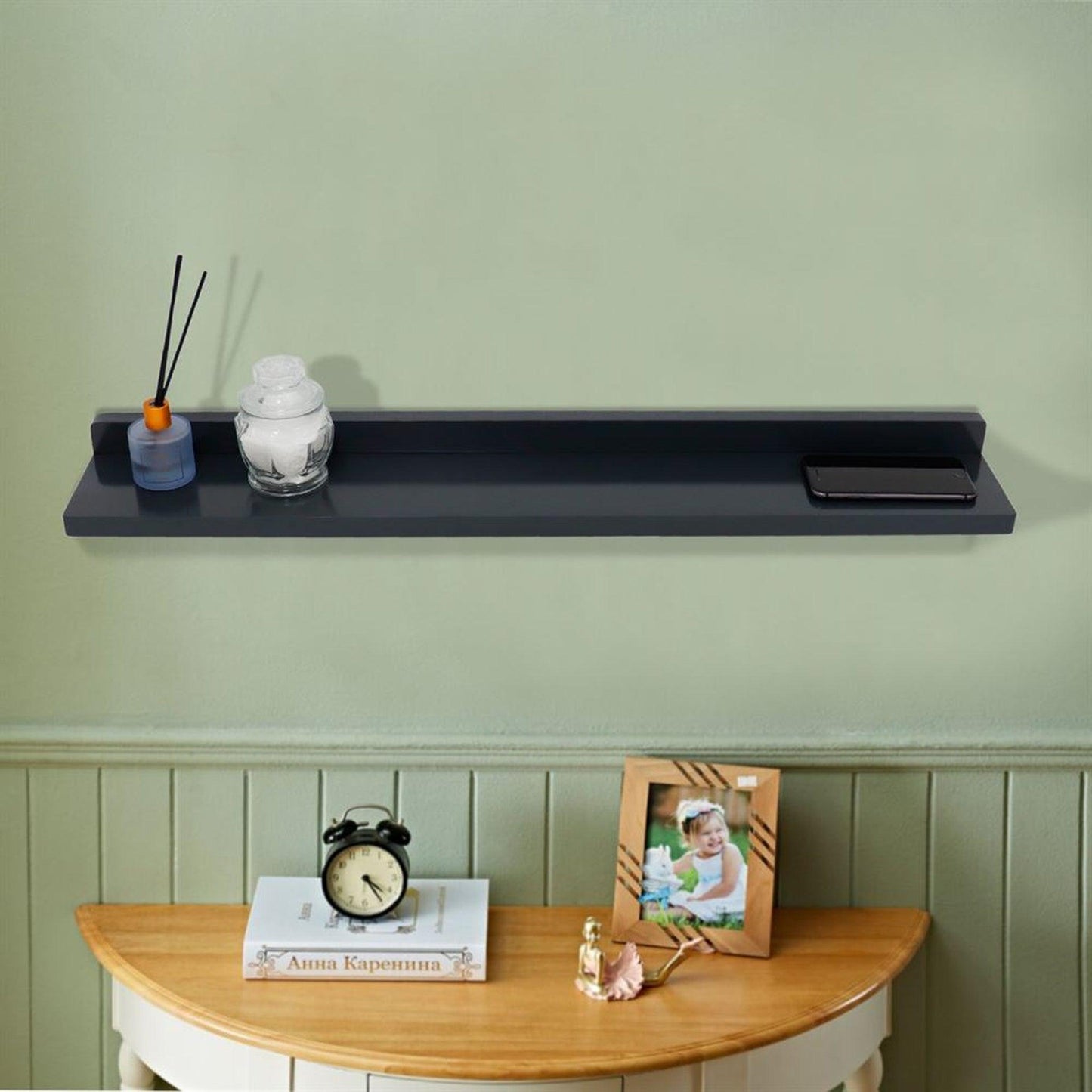 Bellaterra Home 30" Dark Gray Rectangle Wall-Mounted Solid Rubber Wood Wall Shelf With 15W/3A Wireless Charging