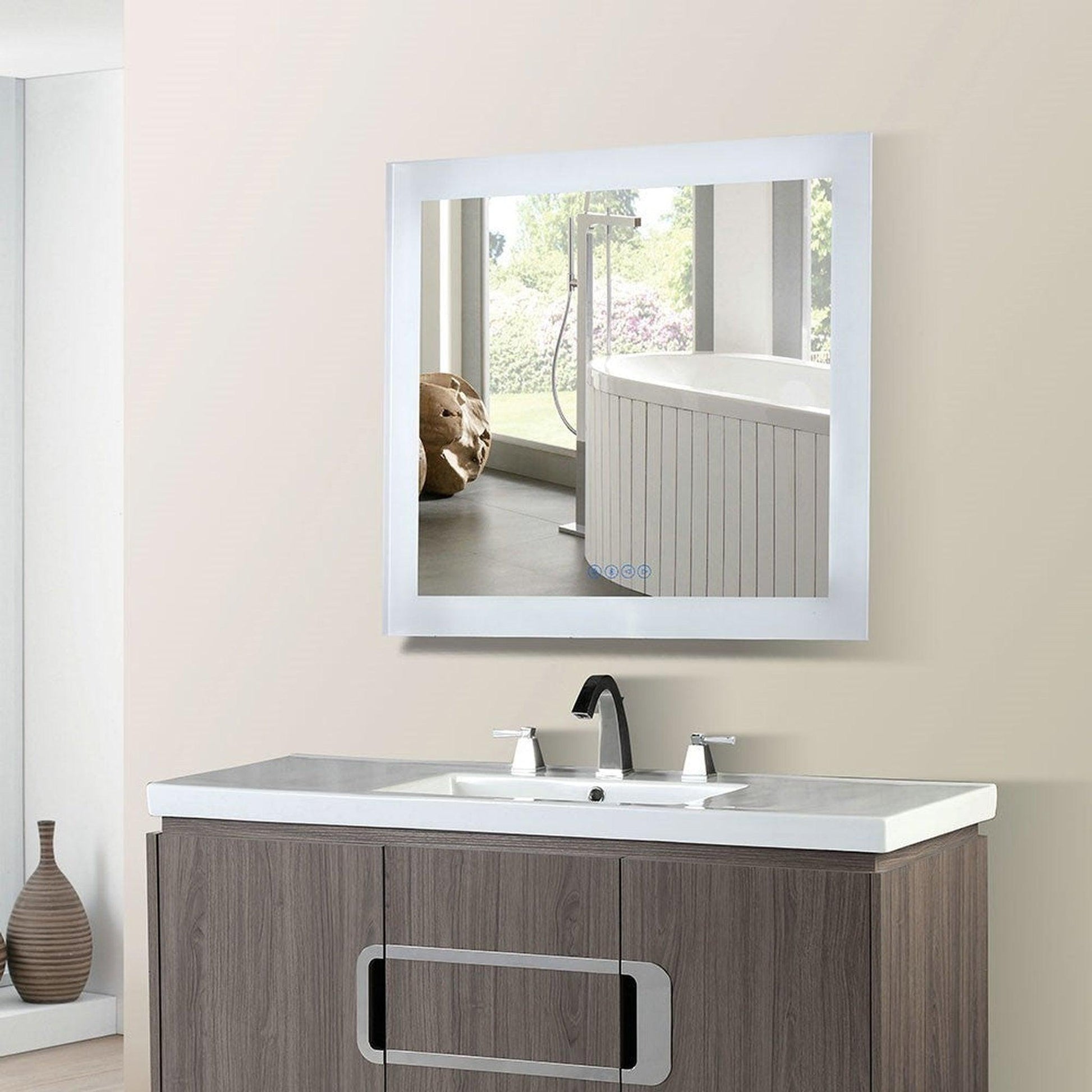 Bellaterra Home 30" x 27" Rectangle Wall-Mounted LED Bordered Illuminated Frameless Mirror With Built-in Bluetooth Speaker
