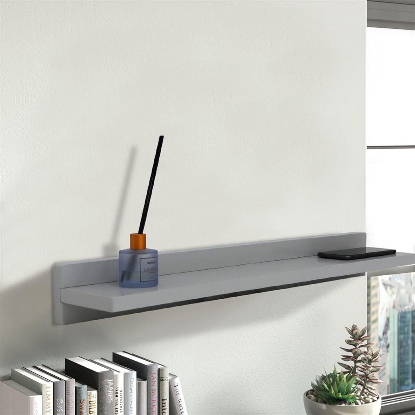 Bellaterra Home 35" Light Gray Rectangle Wall-Mounted Solid Rubber Wood Wall Shelf With 15W/3A Wireless Charging