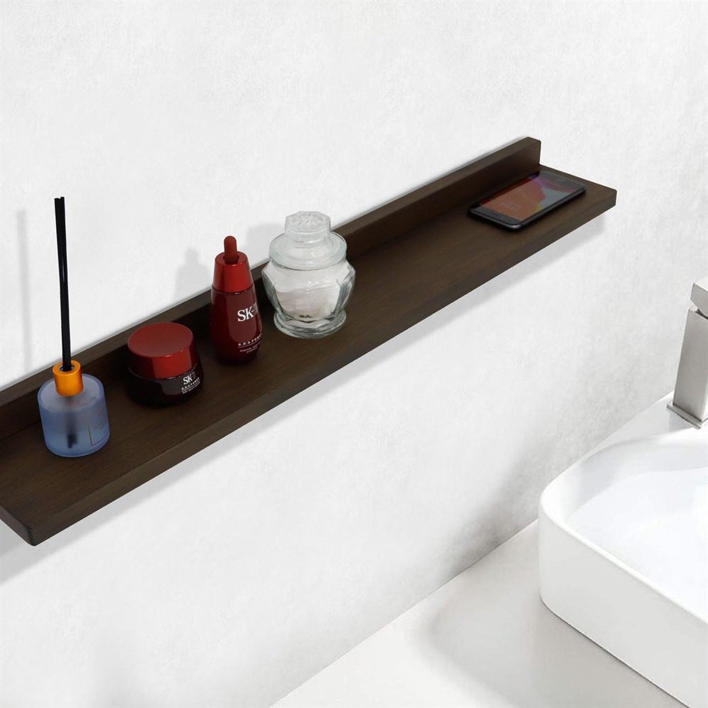Bellaterra Home 35" Rustic Wood Rectangle Wall-Mounted Solid Rubber Wood Wall Shelf With 15W/3A Wireless Charging