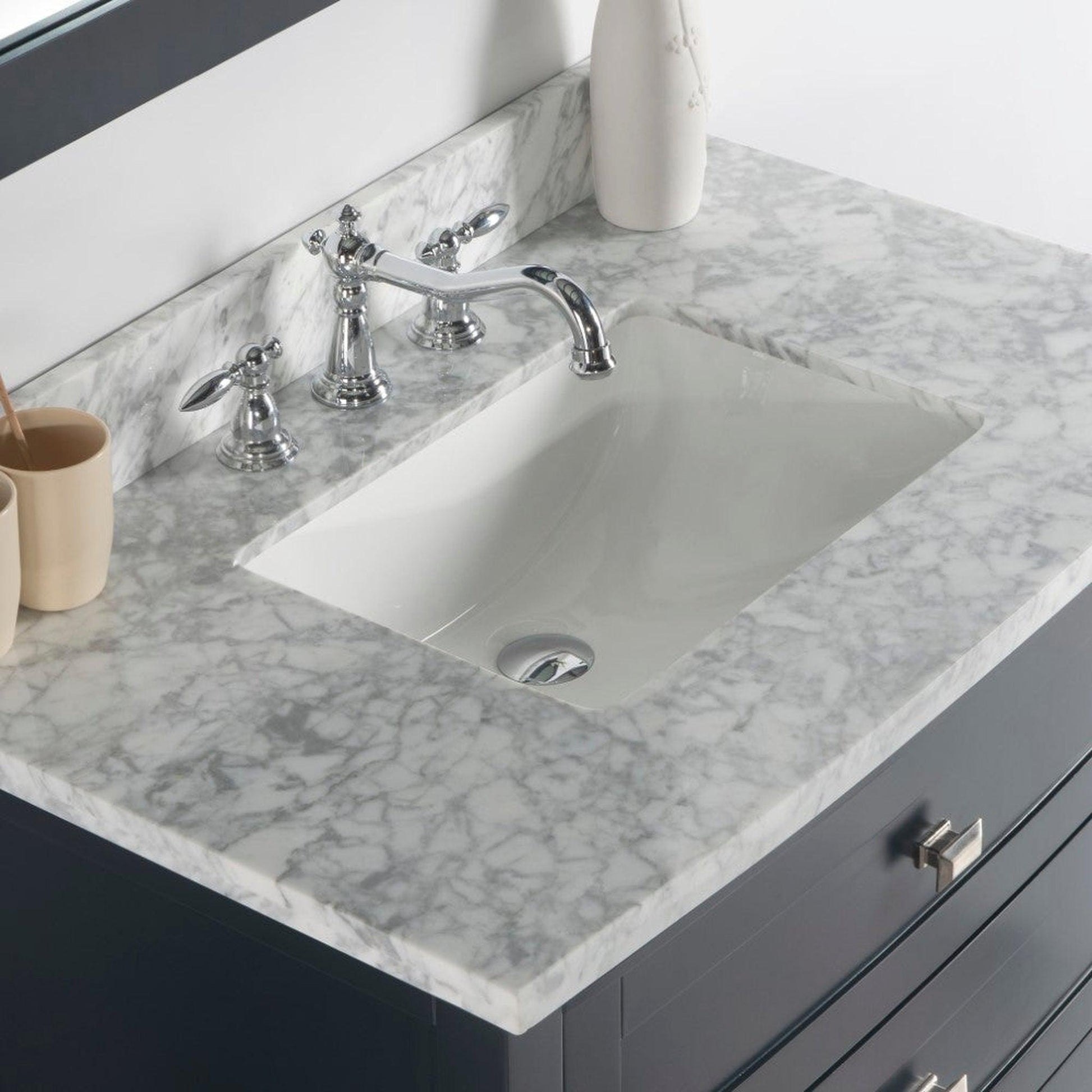 Bellaterra Home 36" x 22" White Carrara Marble Three Hole Vanity Top With Undermount Rectangular Sink and Overflow