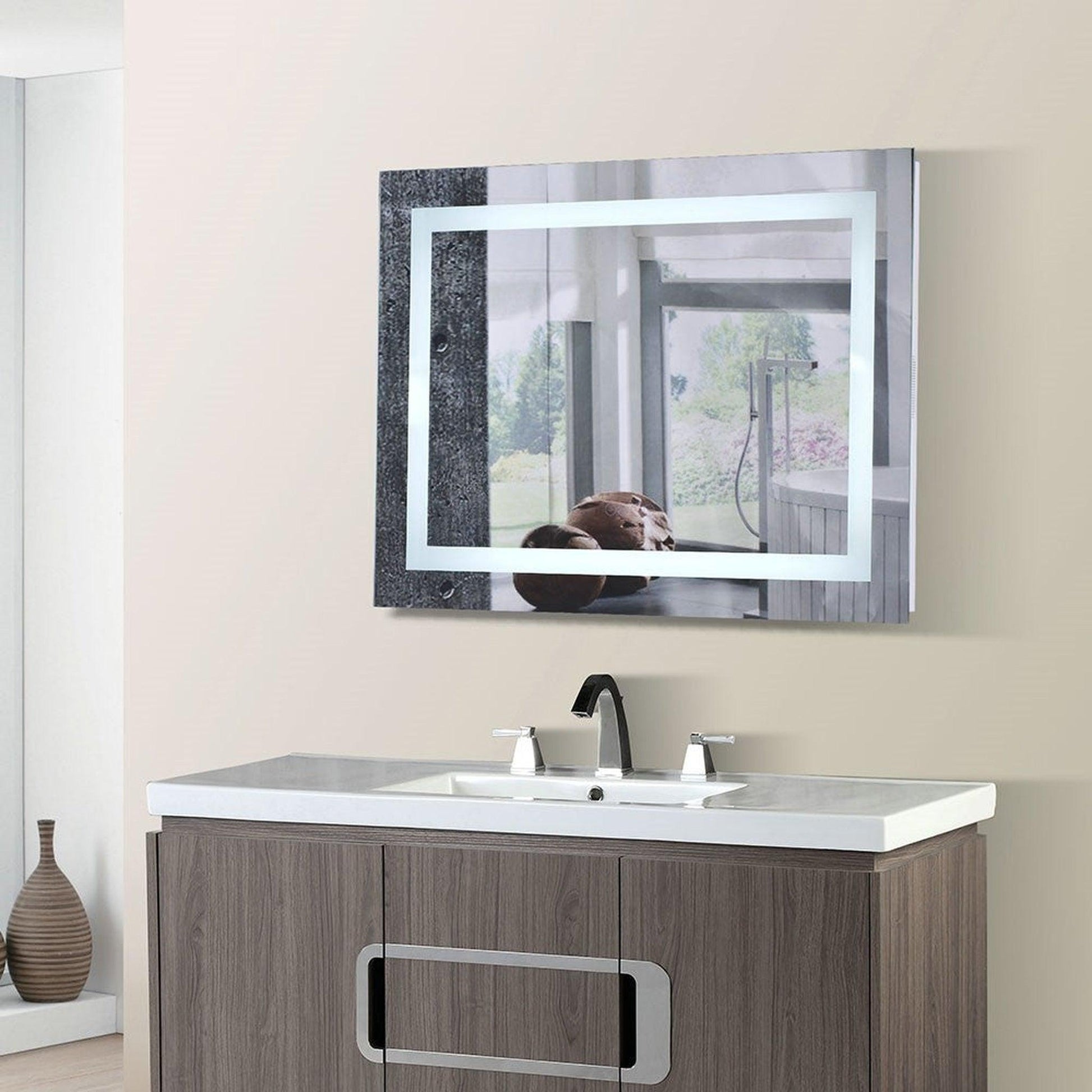 Bellaterra Home 36" x 27" Rectangle Wall-Mounted LED Bordered Illuminated Mirror With Bluetooth Speaker and Straight Edges