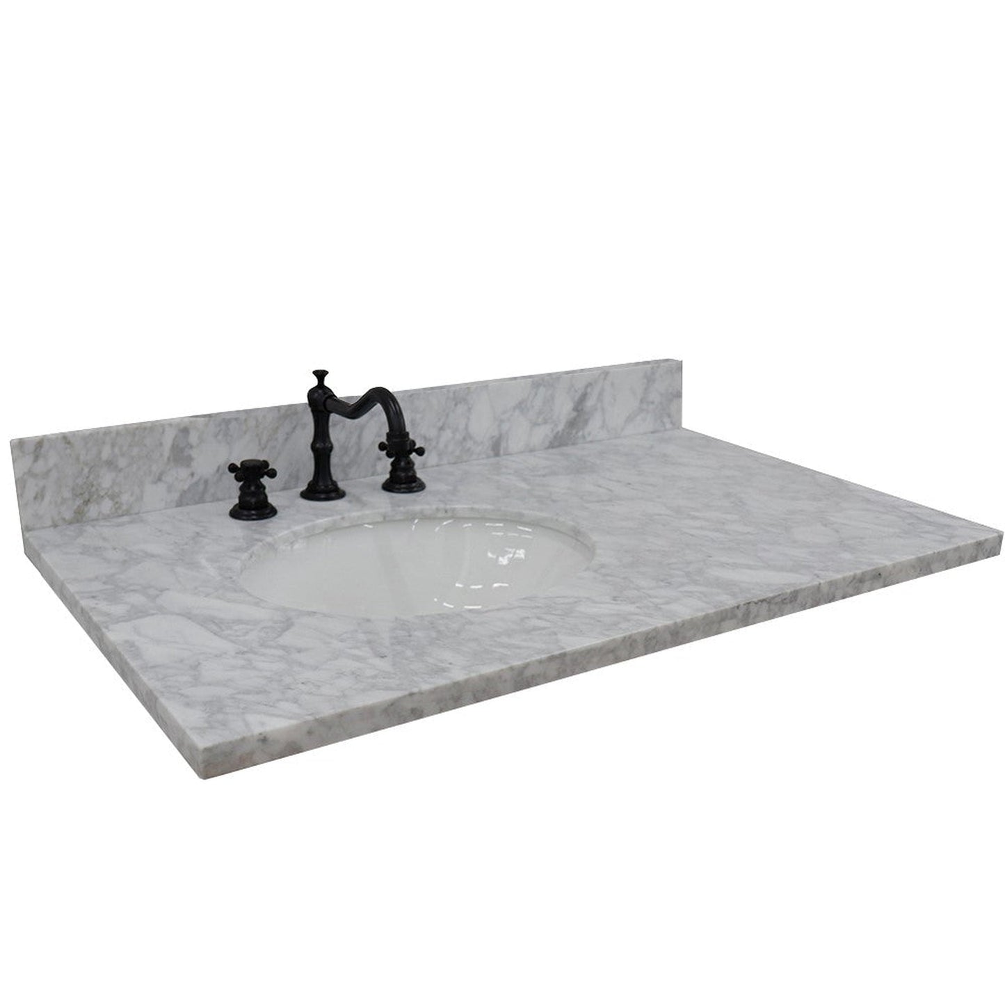 Bellaterra Home 37" x 22" White Carrara Marble Three Hole Vanity Top With Left Offset Undermount Oval Sink and Overflow