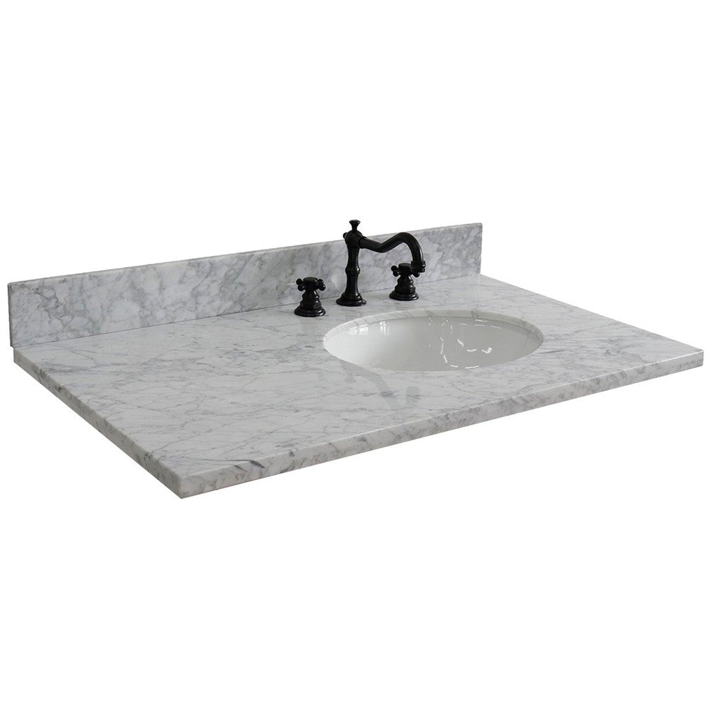 Bellaterra Home 37" x 22" White Carrara Marble Three Hole Vanity Top With Right Offset Undermount Oval Sink and Overflow