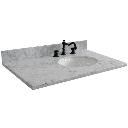 Bellaterra Home 37" x 22" White Carrara Marble Three Hole Vanity Top With Right Offset Undermount Oval Sink and Overflow