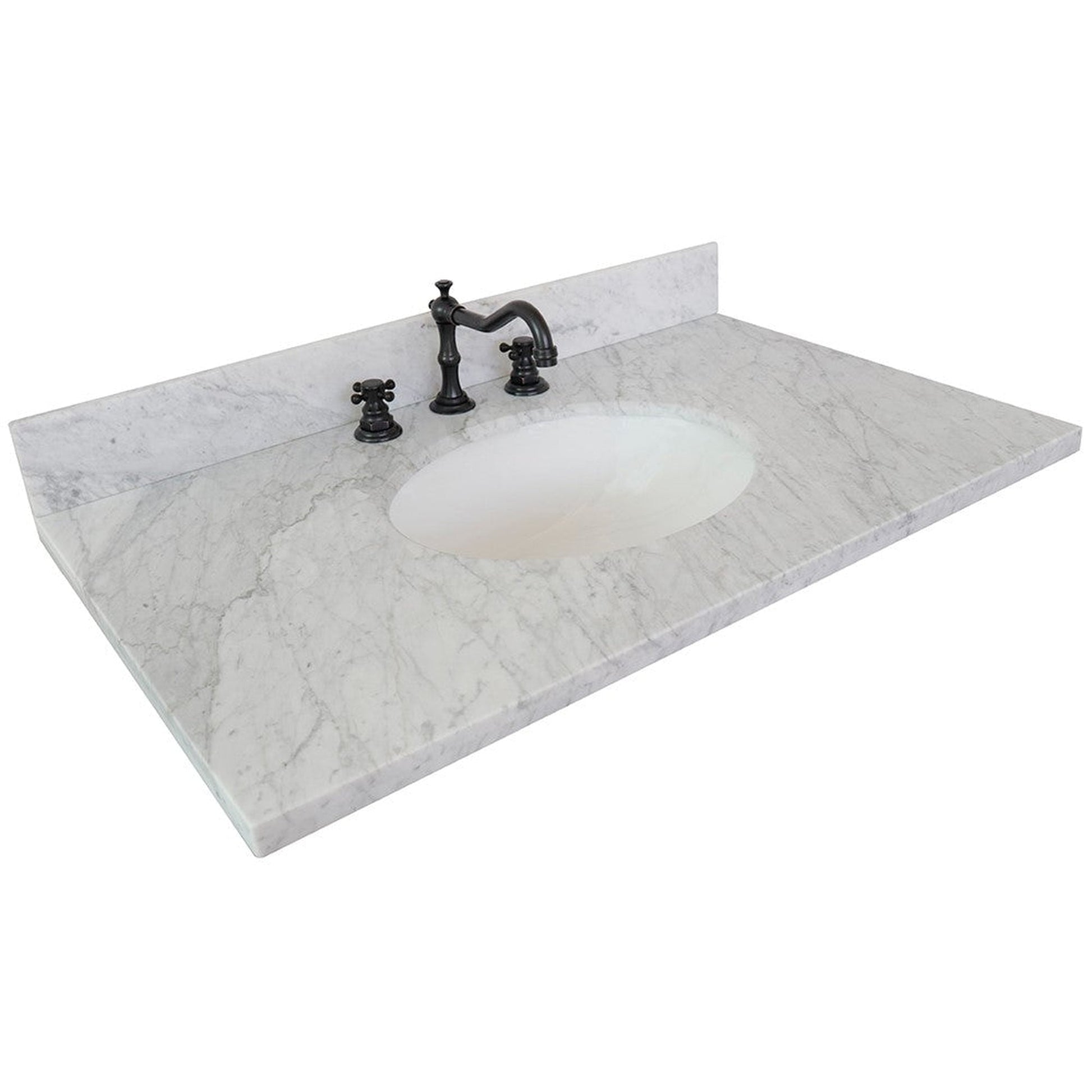 Bellaterra Home 37" x 22" White Carrara Marble Three Hole Vanity Top With Undermount Oval Sink and Overflow