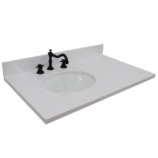 Bellaterra Home 37" x 22" White Quartz Three Hole Vanity Top With Left Offset Undermount Oval Sink and Overflow
