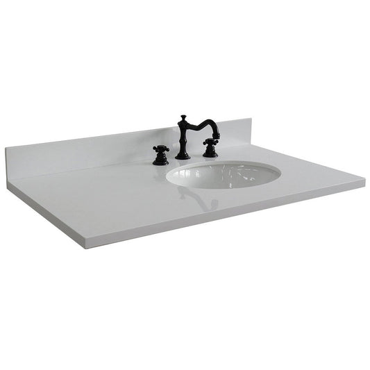 Bellaterra Home 37" x 22" White Quartz Three Hole Vanity Top With Right Offset Undermount Oval Sink and Overflow