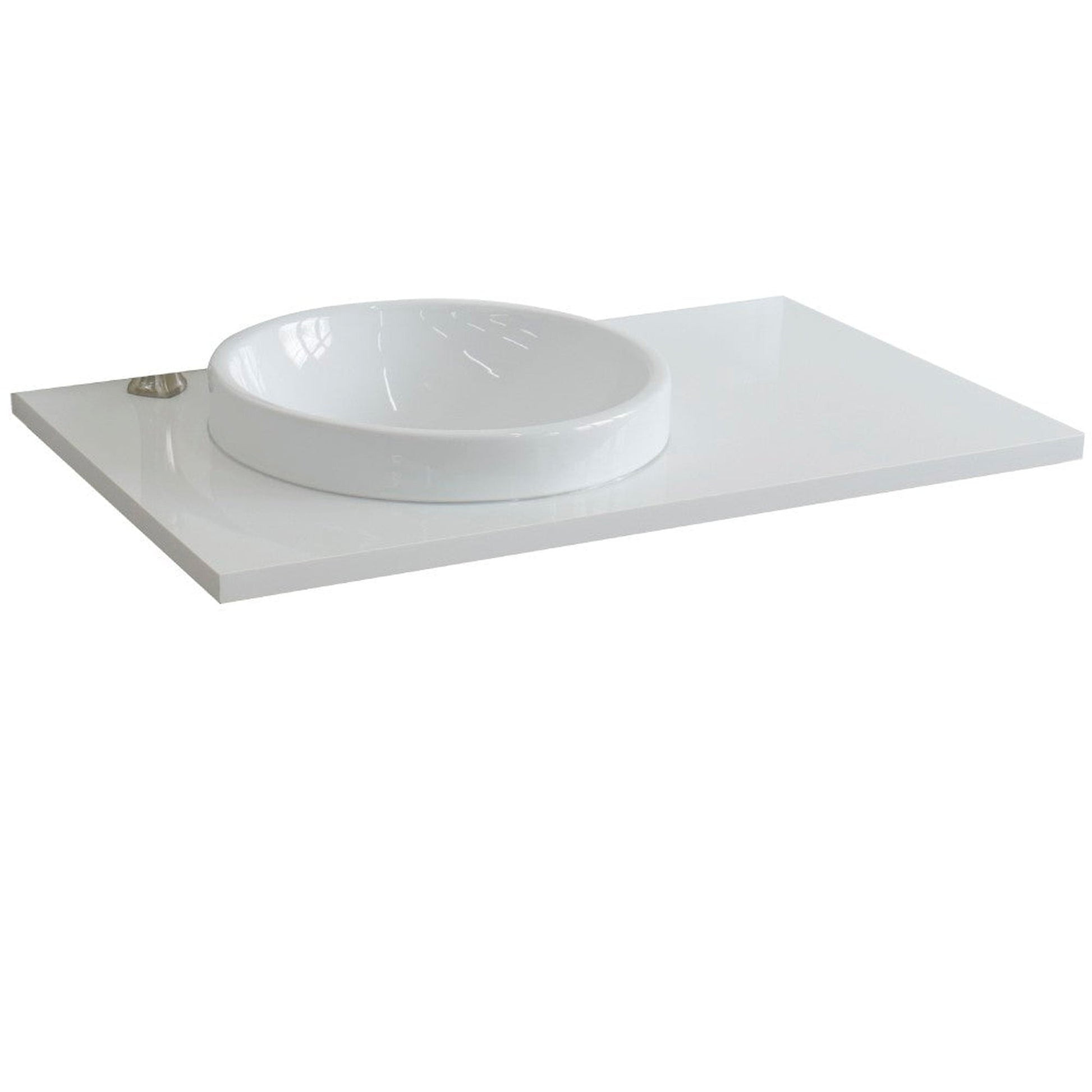 Bellaterra Home 37" x 22" White Quartz Vanity Top With Left Offset Semi-recessed Round Sink and Overflow