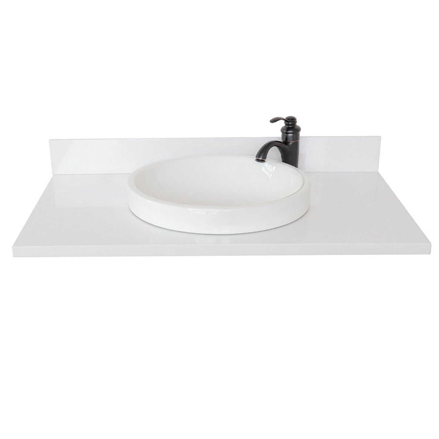 Bellaterra Home 37" x 22" White Quartz Vanity Top With Semi-recessed Round Sink and Overflow