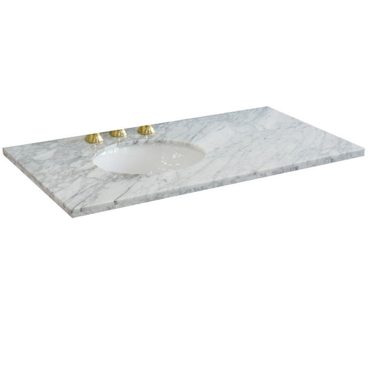 Bellaterra Home 43" x 22" White Carrara Marble Three Hole Vanity Top With Left Offset Undermount Oval Sink and Overflow