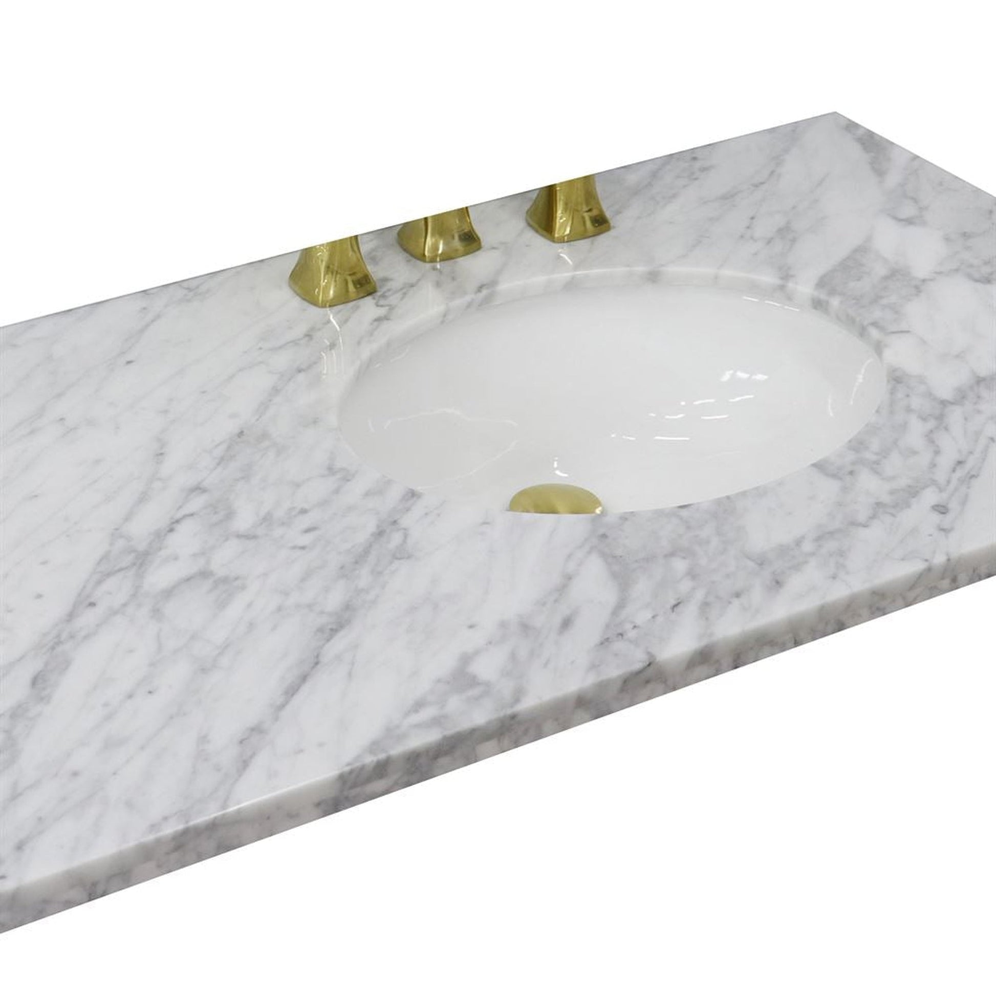 Bellaterra Home 43" x 22" White Carrara Marble Three Hole Vanity Vanity Top With Right Offset Undermount Oval Sink and Overflow