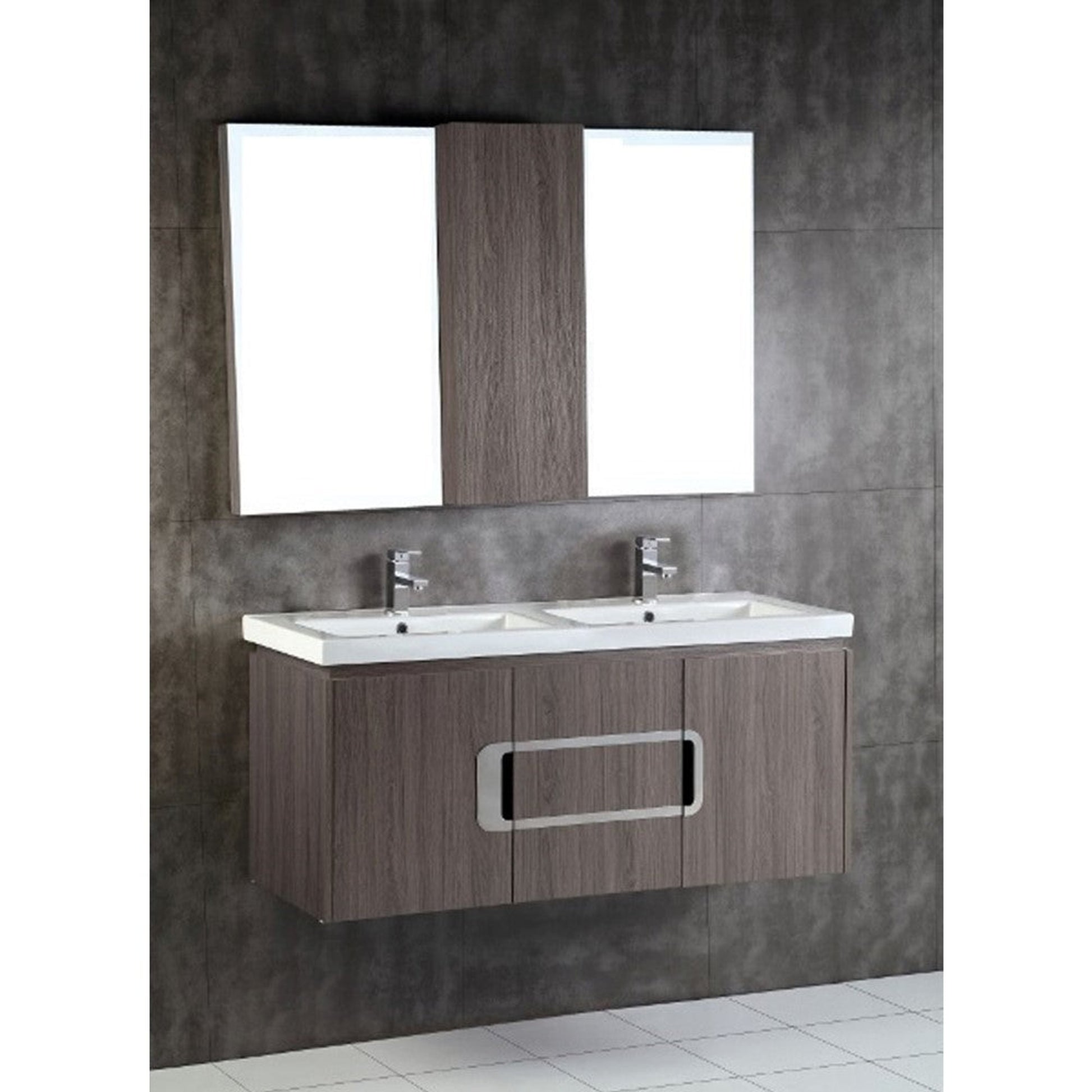 Bellaterra Home 48" 3-Door Gray Brownish Oak Wall Mount Vanity Set With Ceramic Double Integrated Sink and Top