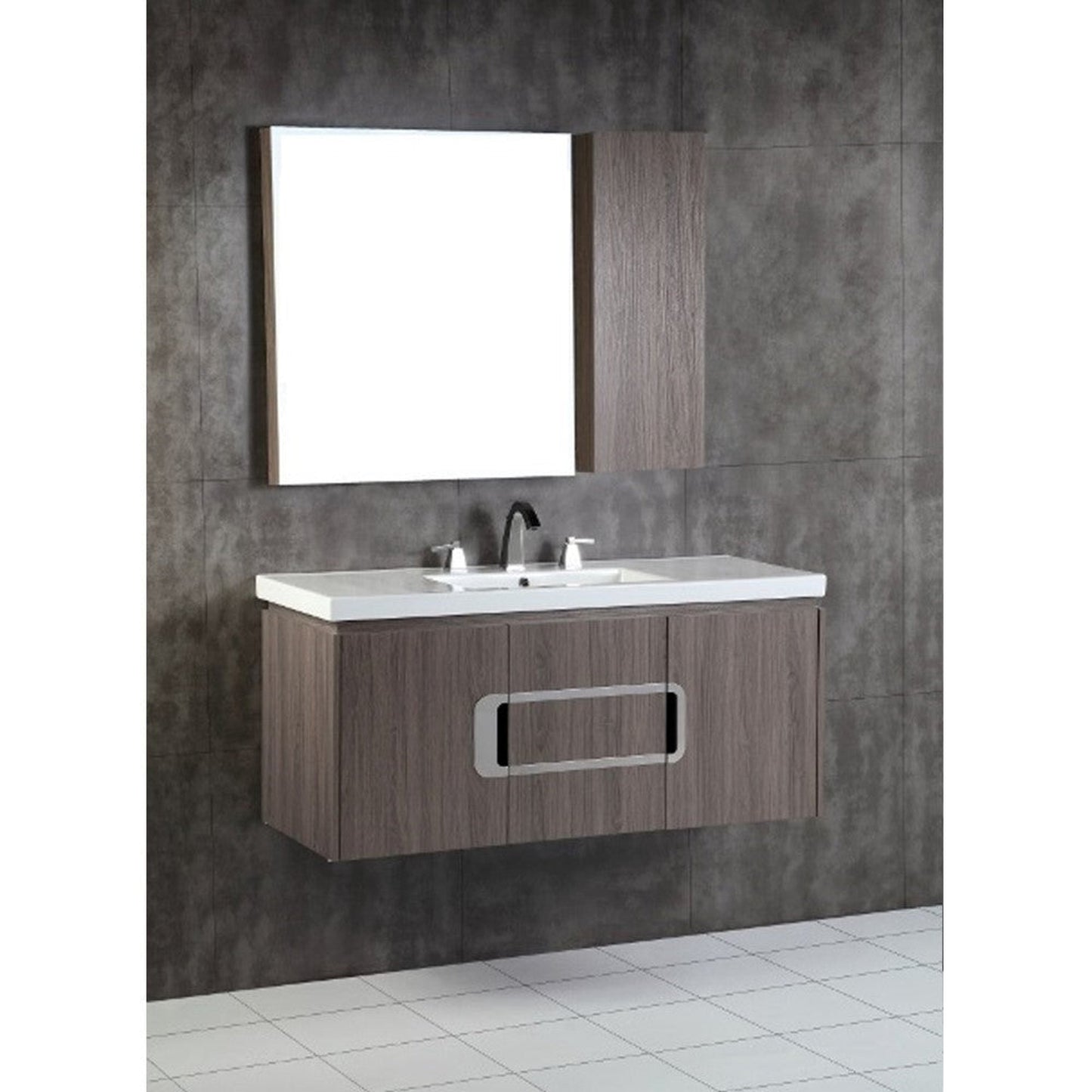 Bellaterra Home 48" 3-Door Gray Brownish Oak Wall Mount Vanity Set With Ceramic Integrated Sink and Top