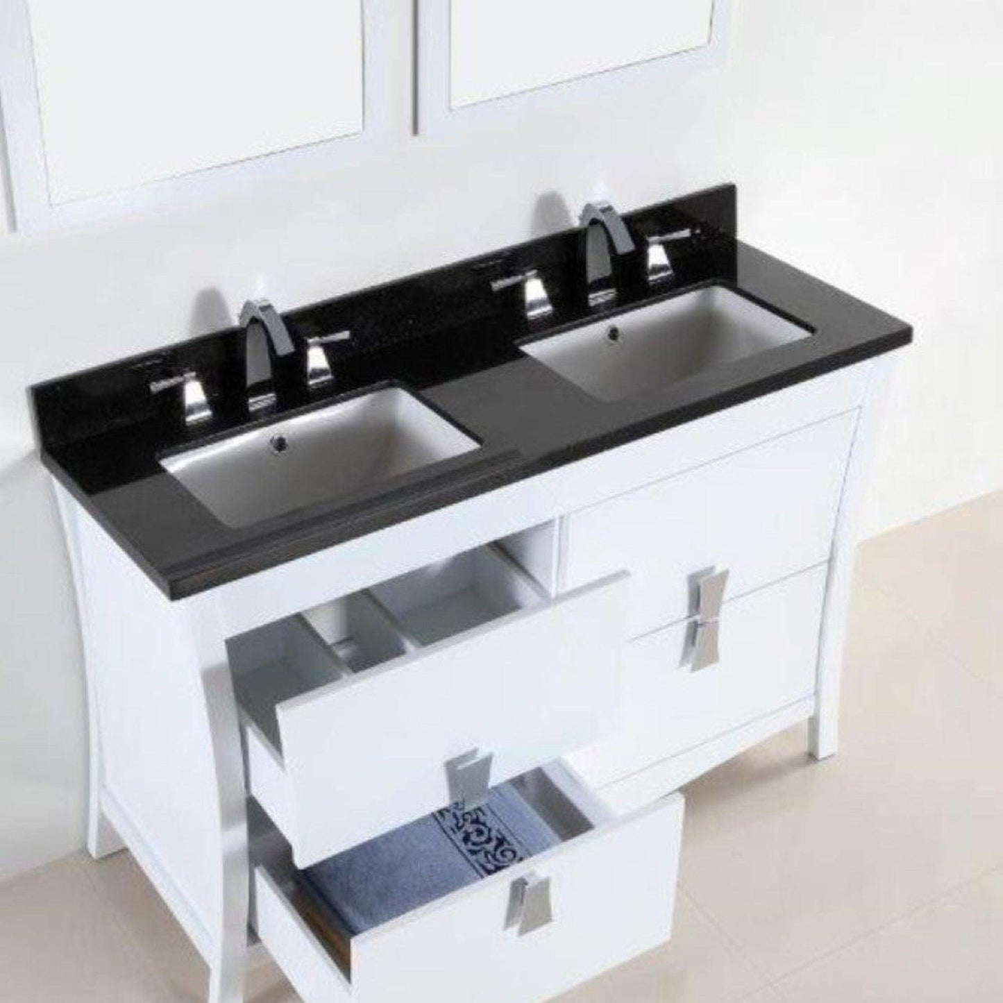 Bellaterra Home 48" 4-Drawer White Freestanding Vanity Set With Ceramic Double Undermount Rectangular Sink and Black Galaxy Granite Top