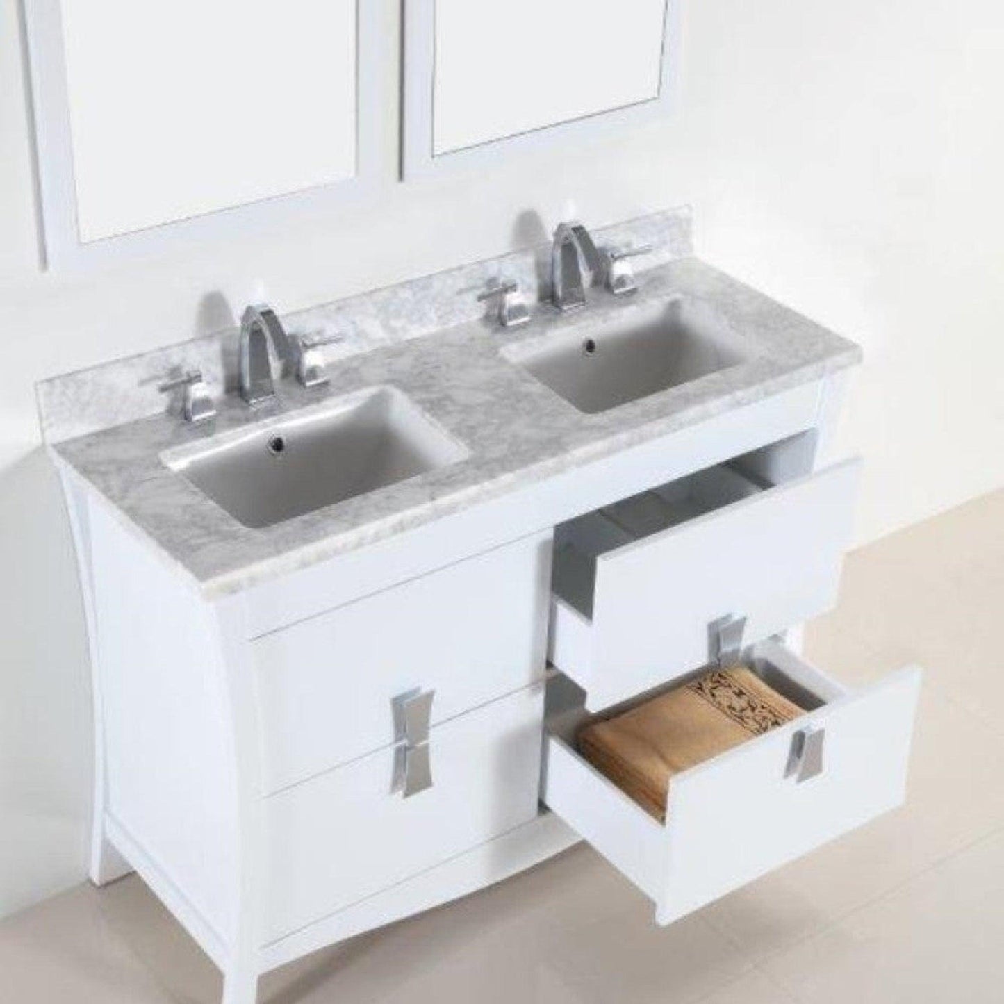 Bellaterra Home 48" 4-Drawer White Freestanding Vanity Set With Ceramic Double Undermount Rectangular Sink and White Carrara Marble Top