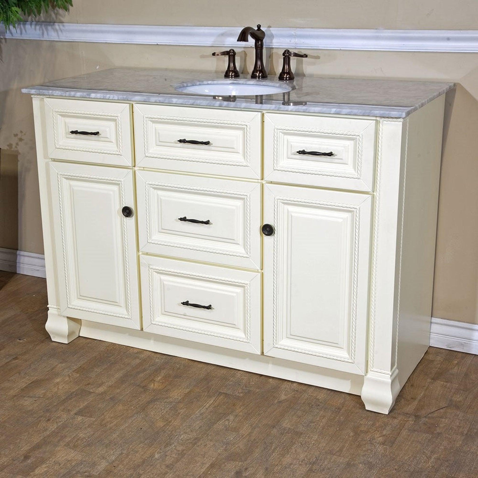 Bellaterra Home 50" 2-Door 4-Drawer Antique White Freestanding Vanity Set With White Ceramic Undermount Sink and White Carrara Top