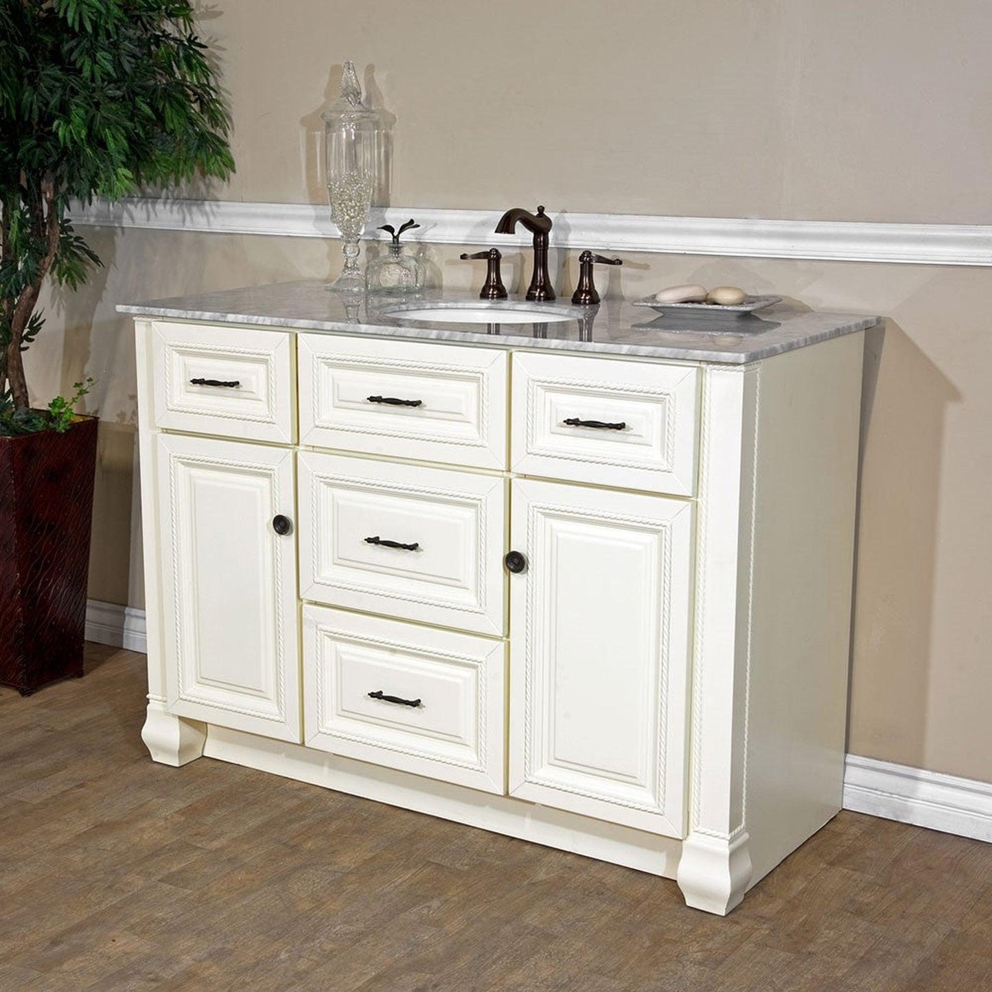 Bellaterra Home 50" 2-Door 4-Drawer Antique White Freestanding Vanity Set With White Ceramic Undermount Sink and White Carrara Top