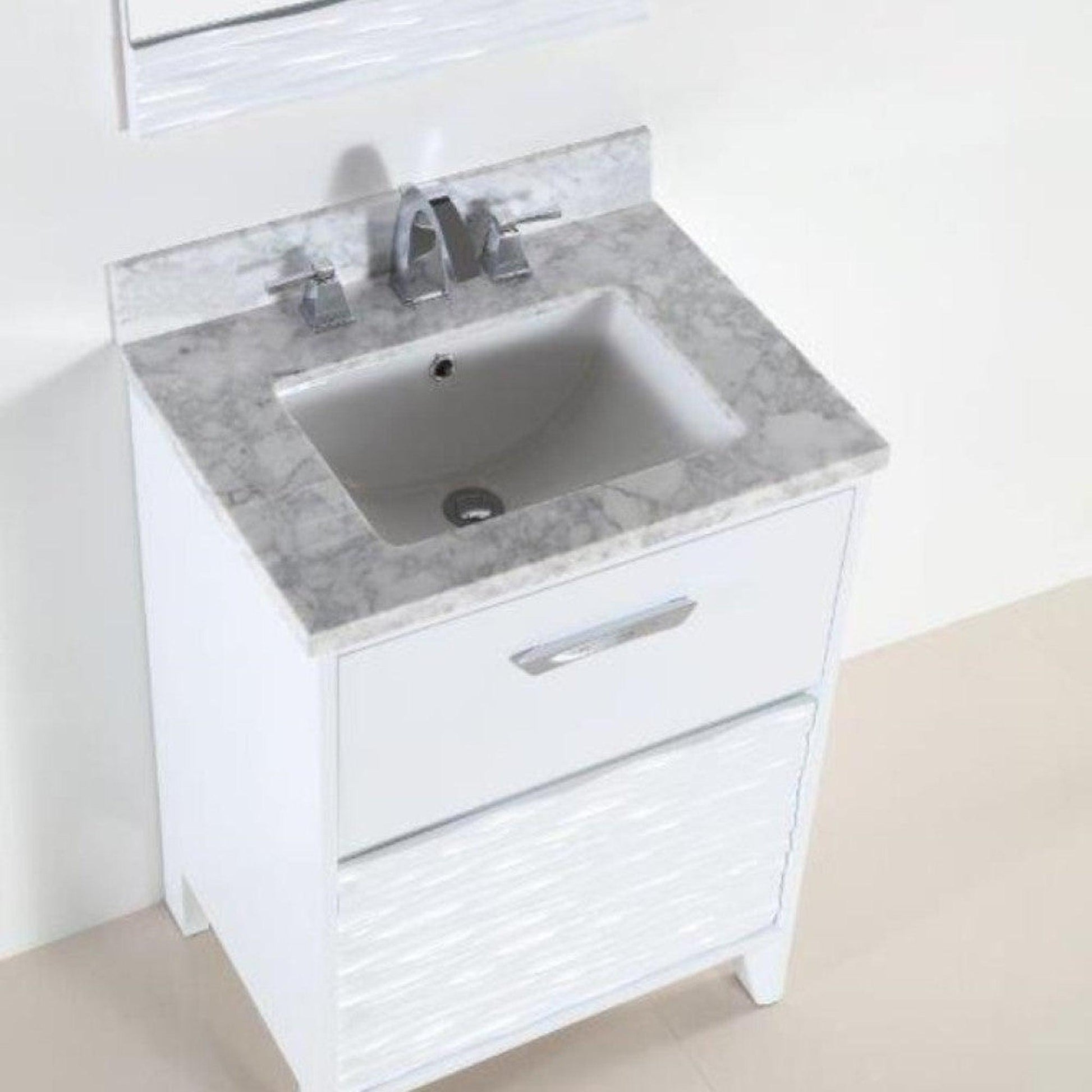 Bellaterra Home 500709 24" 2-Drawer White Freestanding Vanity Set With Ceramic Undermount Rectangular Sink and White Carrara Marble Top