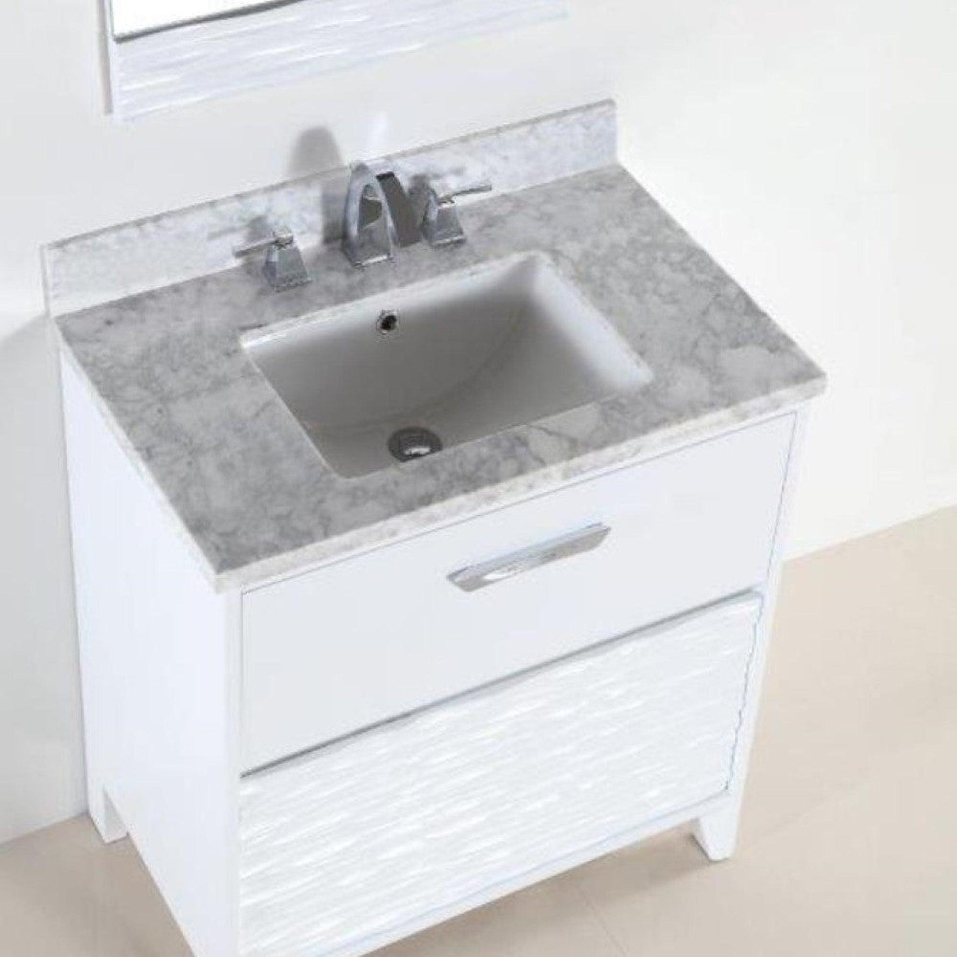 Bellaterra Home 500709 30" 2-Drawer White Freestanding Vanity Set With Ceramic Undermount Rectangular Sink and White Carrara Marble Top