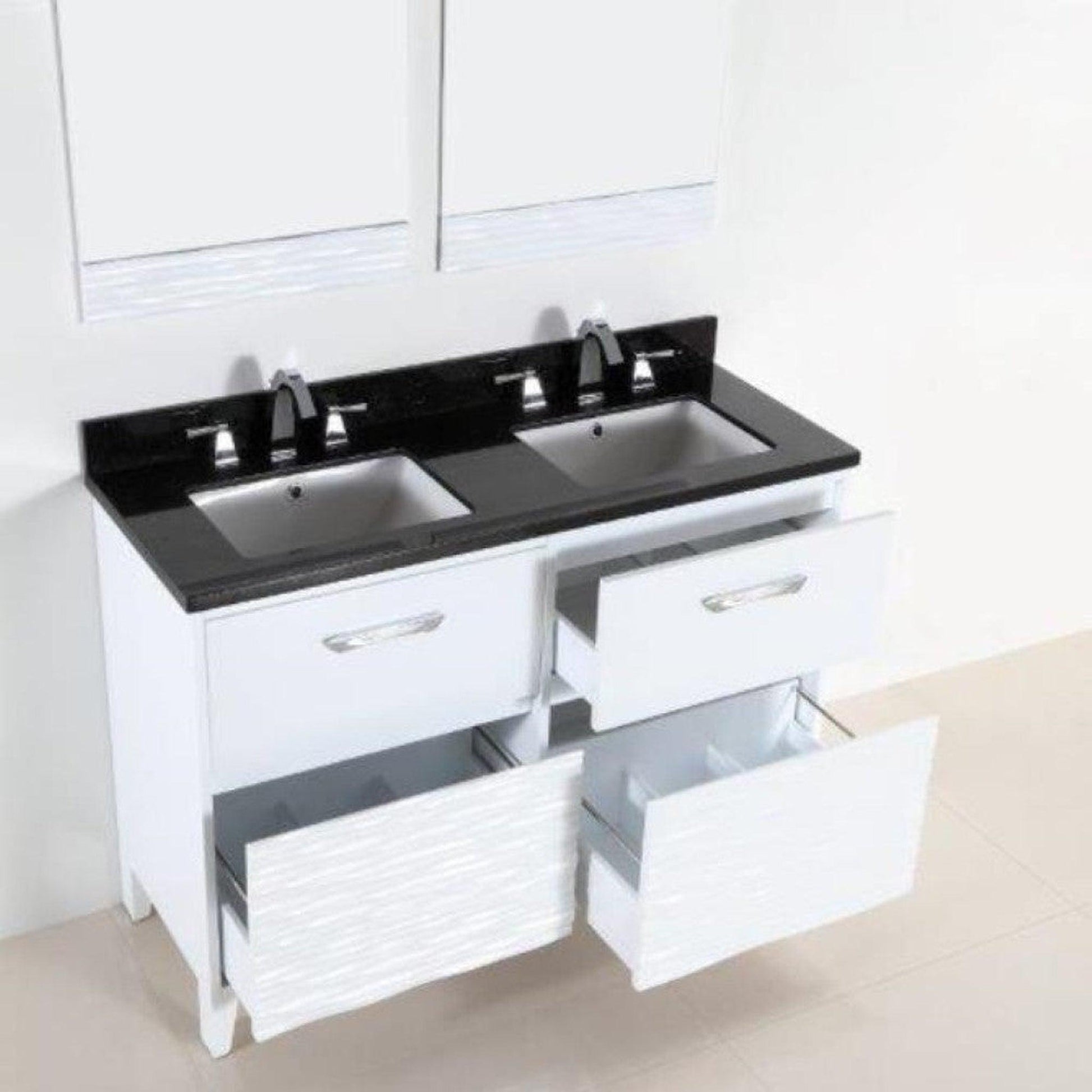 Bellaterra Home 500709 48" 4-Drawer White Freestanding Vanity Set With Ceramic Double Undermount Rectangular Sink and Black Galaxy Granite Top