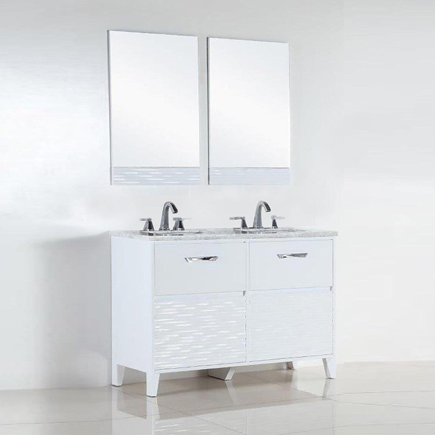 Bellaterra Home 500709 48" 4-Drawer White Freestanding Vanity Set With Ceramic Double Undermount Rectangular Sink and White Carrara Marble Top