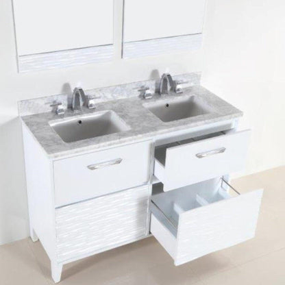 Bellaterra Home 500709 48" 4-Drawer White Freestanding Vanity Set With Ceramic Double Undermount Rectangular Sink and White Carrara Marble Top