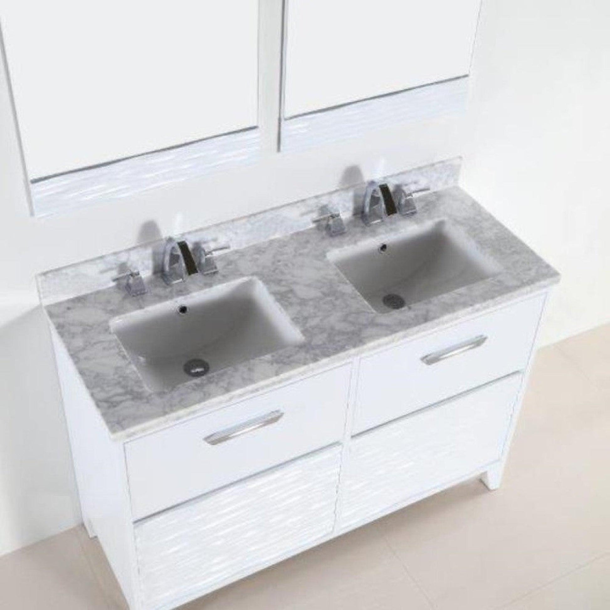 Bellaterra Home 500709 48" 4-Drawer White Freestanding Vanity Set With Ceramic Double Undermount Rectangular Sink and White Carrara Marble Top
