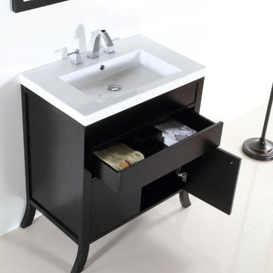 Bellaterra Home 500823B 30" 2-Door 1-Drawer Espresso Freestanding Vanity Set With Ceramic Integrated Sink and Ceramic Top