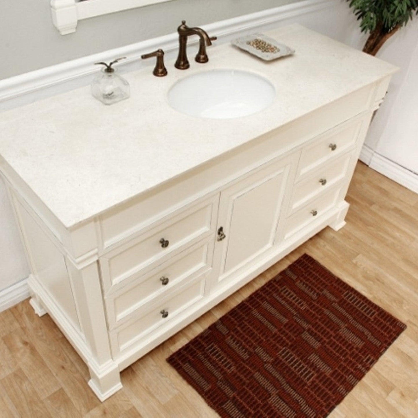 Bellaterra Home 60" 1-Door 6-Drawer Cream White Freestanding Vanity Set With White Ceramic Undermount Sink and Cream Marble Top