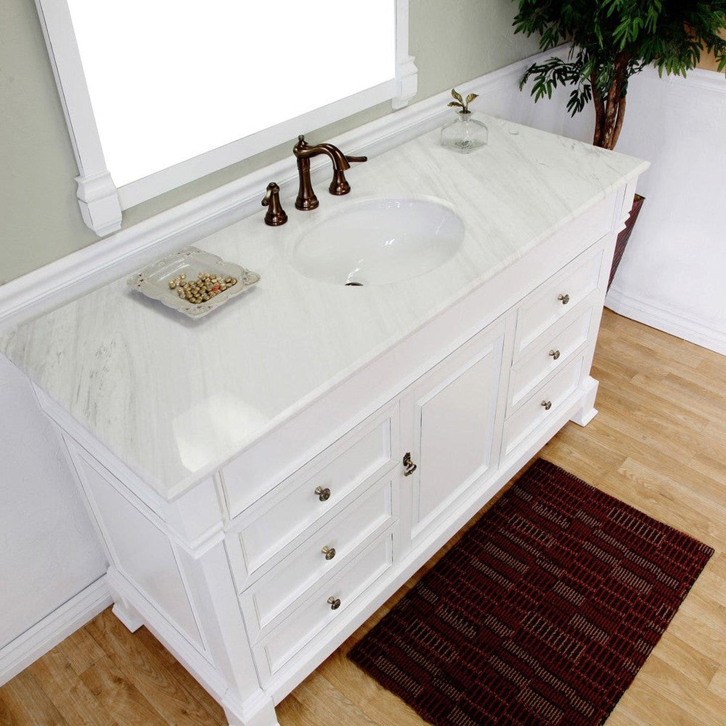 Bellaterra Home 60" 1-Door 6-Drawer White Freestanding Vanity Set With White Ceramic Undermount Sink and White Marble Top