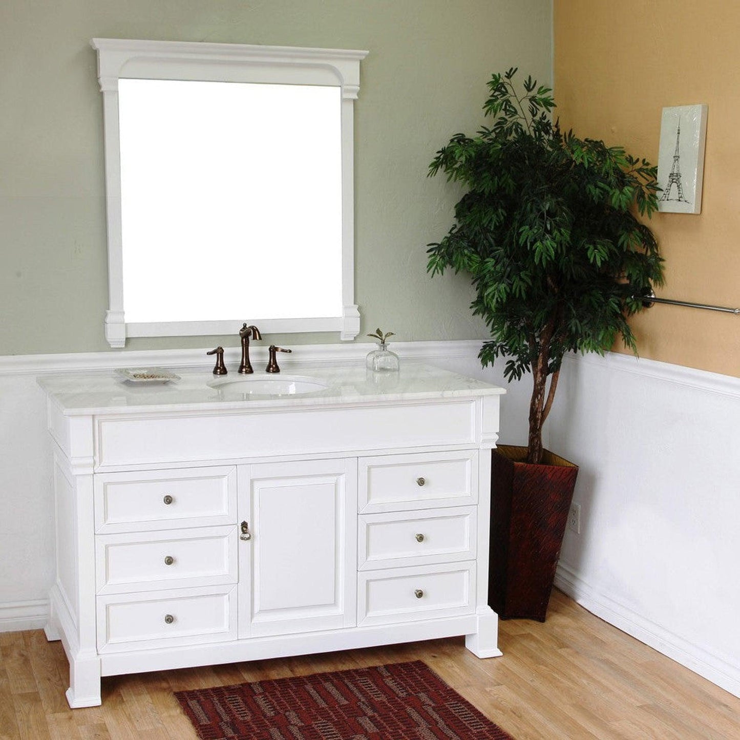 Bellaterra Home 60" 1-Door 6-Drawer White Freestanding Vanity Set With White Ceramic Undermount Sink and White Marble Top