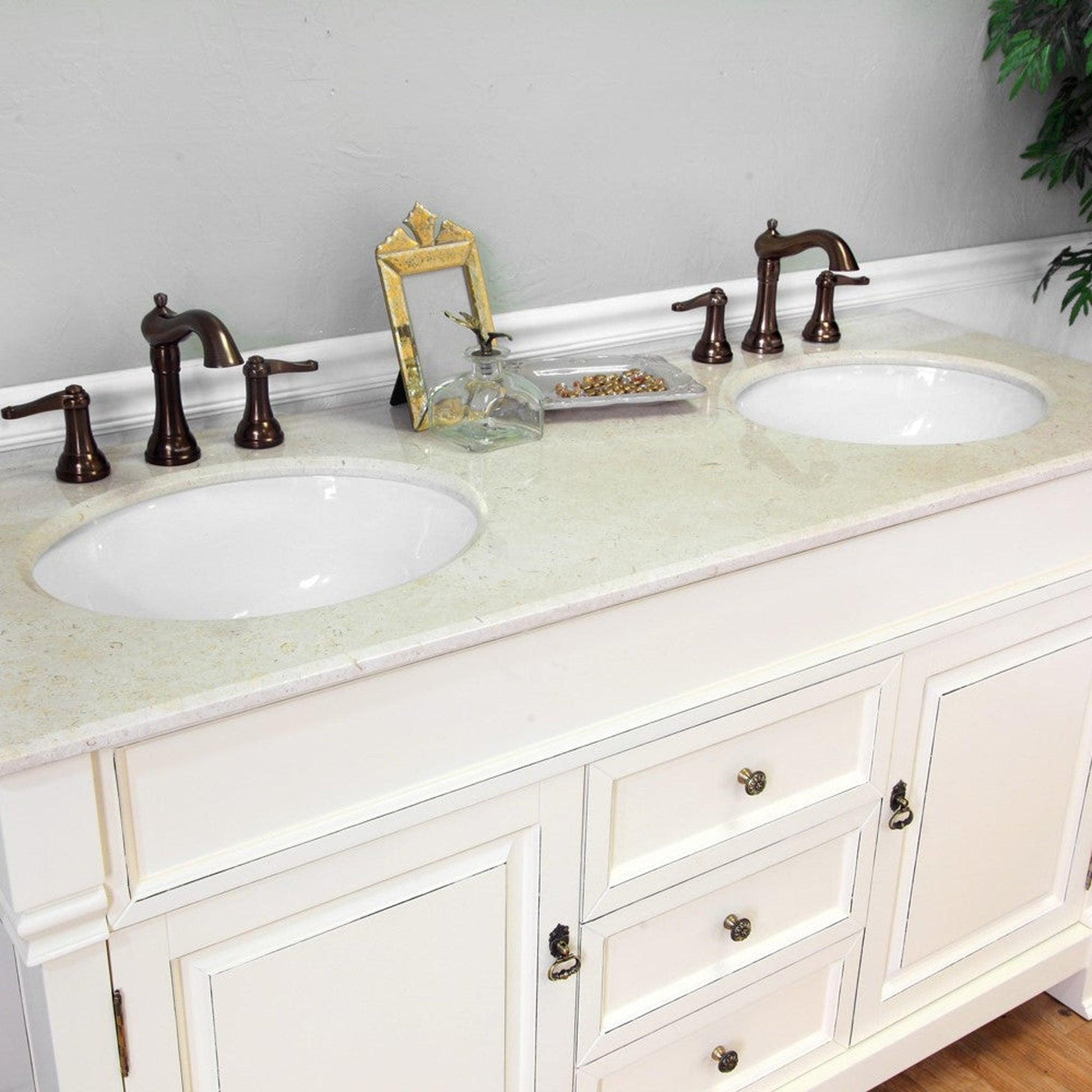 Bellaterra Home 60" 2-Door 3-Drawer Cream White Freestanding Vanity Set With White Ceramic Double Undermount Sink and Cream Marble Top