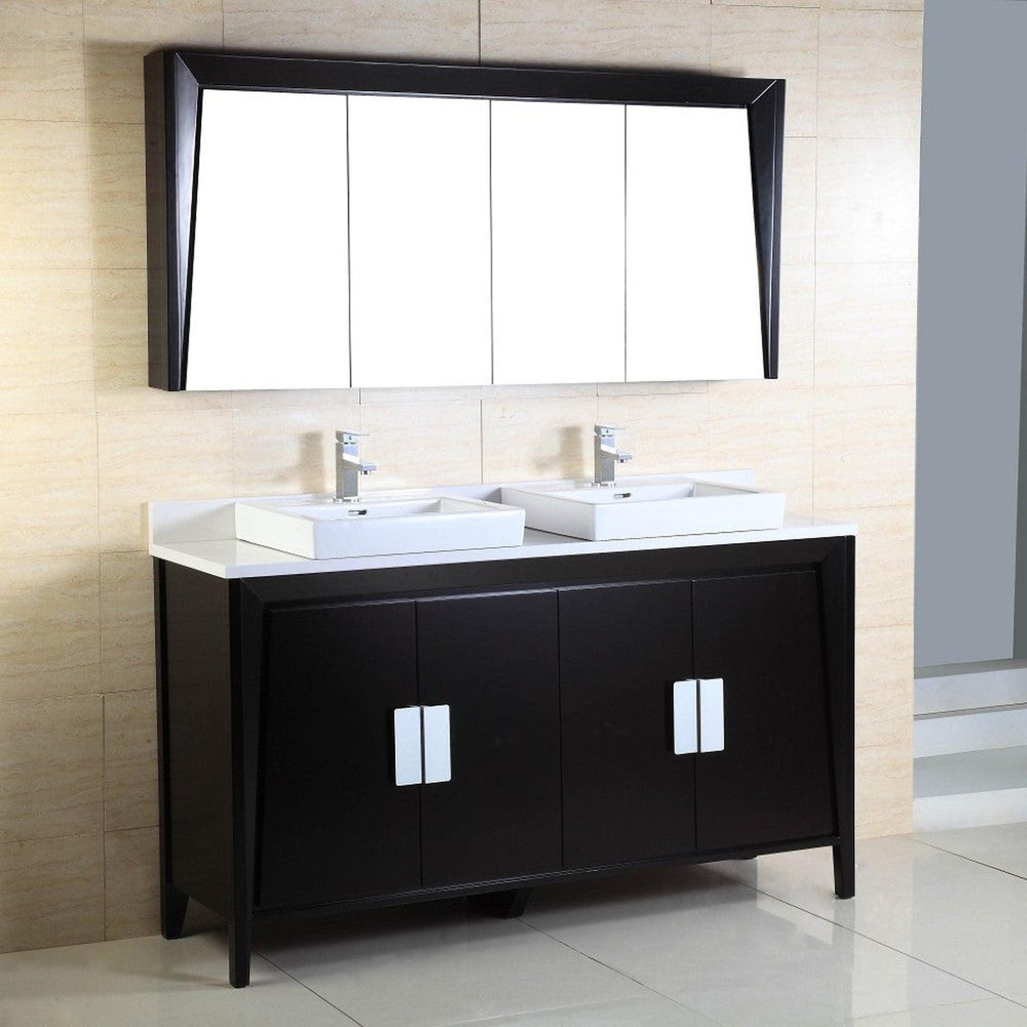 Bellaterra Home 60" 4-Door Dark Espresso Freestanding Vanity Set With Ceramic Double Vessel Sink and White Quartz Top