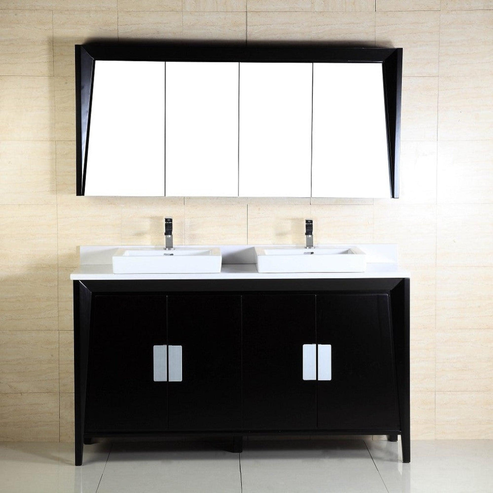Bellaterra Home 60" 4-Door Dark Espresso Freestanding Vanity Set With Ceramic Double Vessel Sink and White Quartz Top