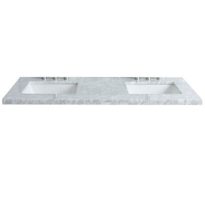 Bellaterra Home 61" x 22" White Carrara Marble Three Hole Vanity Top With Double Undermount Rectangular Sink and Overflow