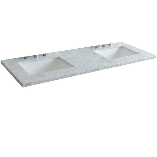 Bellaterra Home 61" x 22" White Carrara Marble Three Hole Vanity Top With Double Undermount Rectangular Sink and Overflow