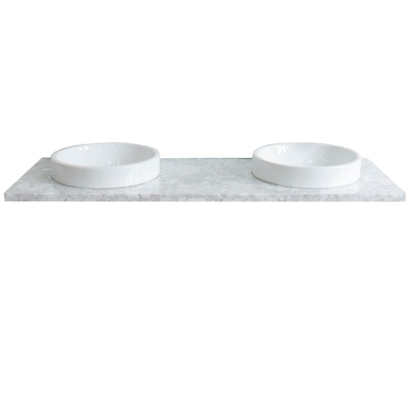 Bellaterra Home 61" x 22" White Carrara Marble Vanity Top With Double Semi-recessed Round Sink and Overflow