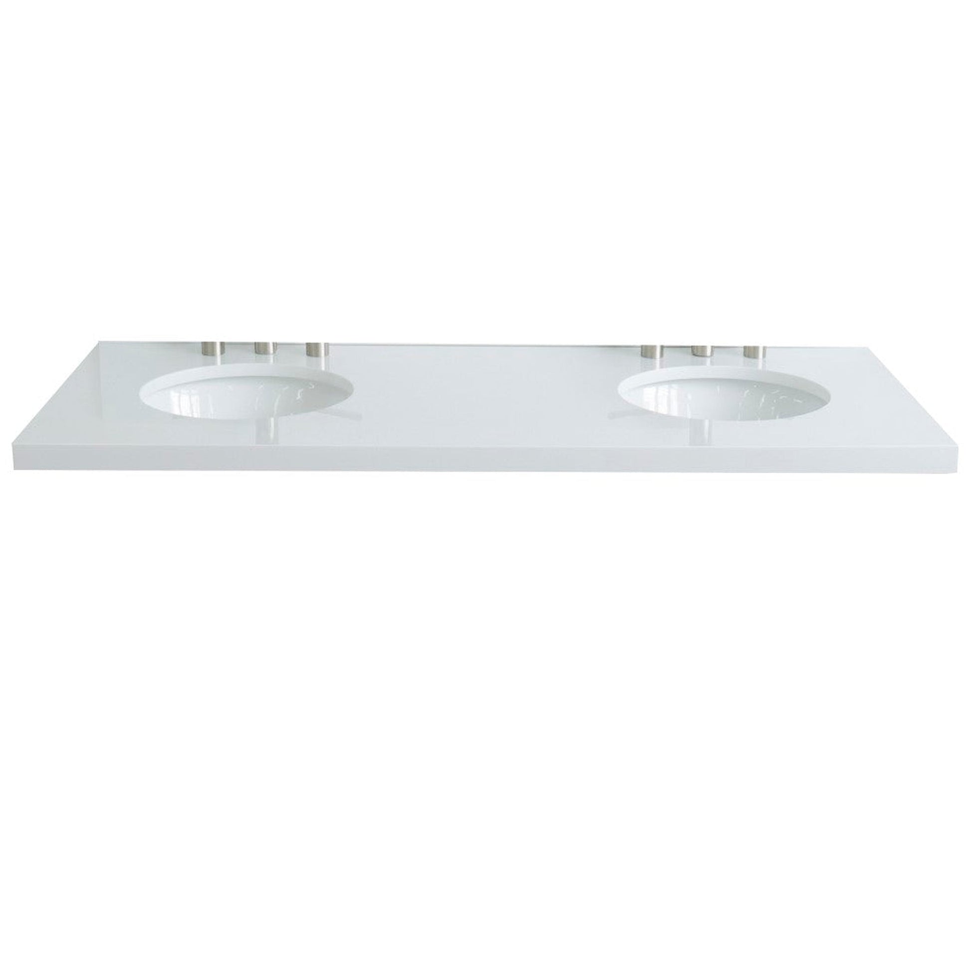 Bellaterra Home 61" x 22" White Quartz Three Hole Vanity Top With Double Undermount Oval Sink and Overflow