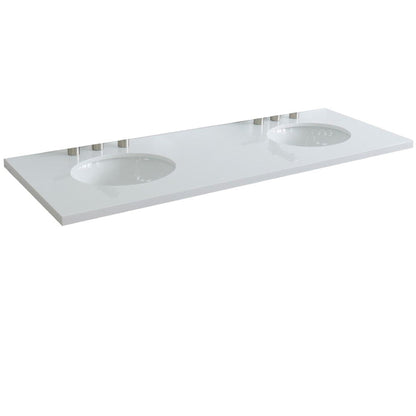 Bellaterra Home 61" x 22" White Quartz Three Hole Vanity Top With Double Undermount Oval Sink and Overflow