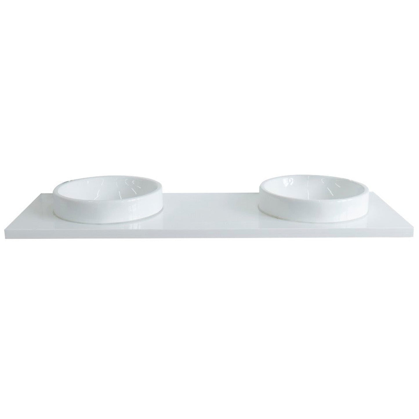 Bellaterra Home 61" x 22" White Quartz Vanity Top With Double Semi-recessed Round Sink and Overflow